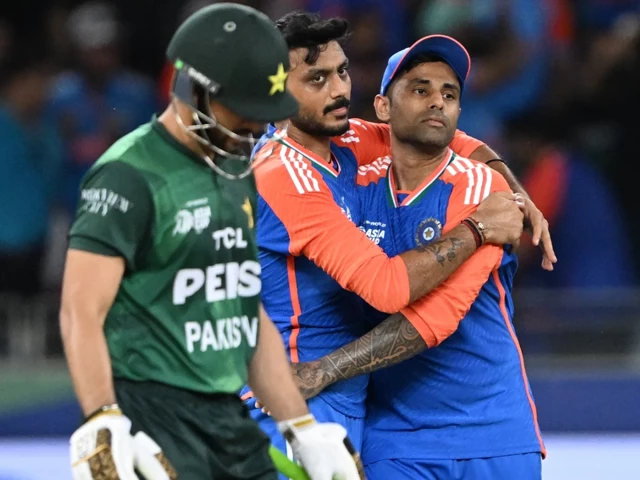 indian captain suryakumar yadav celebrates with axar patel after dismissing pakistan captain agha salman during the asia cup clash in dubai photo afp