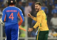 south africa captain aiden markram celebrates after dismissing india s ishan kishan during the super wicket pool match at ahmedabad s narendra modi stadium on sunday photo x