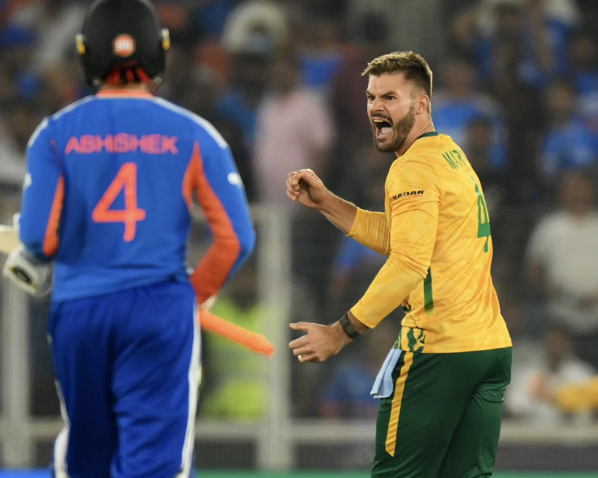 south africa captain aiden markram celebrates after dismissing india s ishan kishan during the super wicket pool match at ahmedabad s narendra modi stadium on sunday photo x