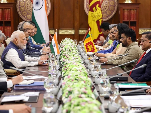 in this handout photograph taken on april 5 2025 and released by indian press information bureau pib sri lanka s president anura kumara dissanayake 3r and prime minister harini amarasuriya 4r attend delegation level talks with india s prime minister narendra modi 4l in colombo photo afp in this handout photograph taken on april 5 2025 and released by indian press information bureau pib sri lanka s president anura kumara dissanayake 3r and prime minister harini amarasuriya 4r attend delegation level talks with india s prime minister narendra modi 4l in colombo photo afp