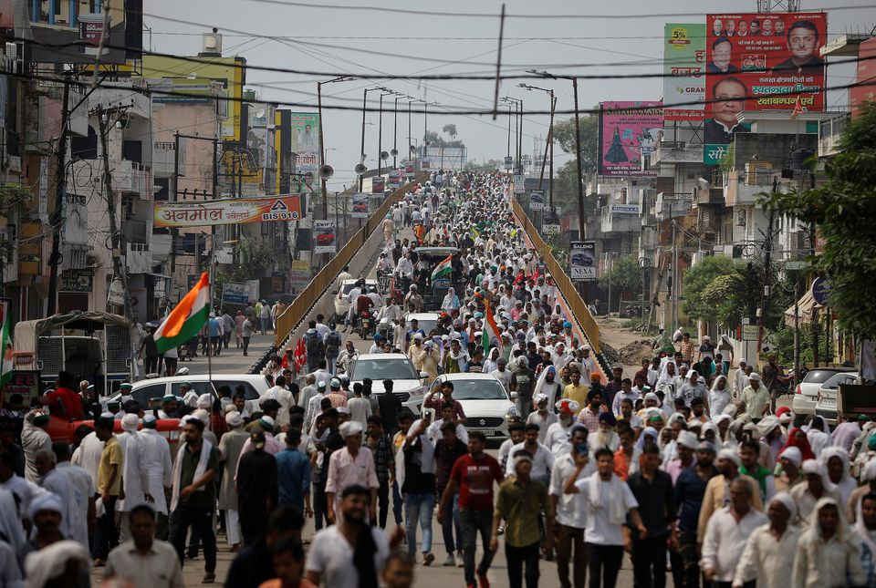 people arrive to attend a maha panchayat or grand village council meeting as part of a farmers protest against farm laws in muzaffarnagar in the northern state of uttar pradesh india september 5 2021 photo reuters