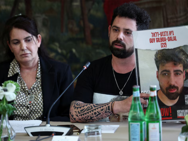 Meirav Gilboa-Dalal and Gal Gilboa-Dalal, mother and brother of Guy Gilboa-Dalal, an Israeli held hostage by the Palestinian Islamist group Hamas, attend a press conference after meeting with Pope Francis, in Rome, Italy April 8, 2024. Photo: Reuters