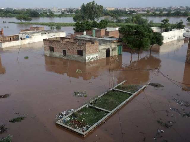 houses are partially submerged on the banks of flooded ravi river after india opened the gates of major dams on rivers in its part of kashmir after heavy rains in lahore pakistan august 28 2025 photo reuters