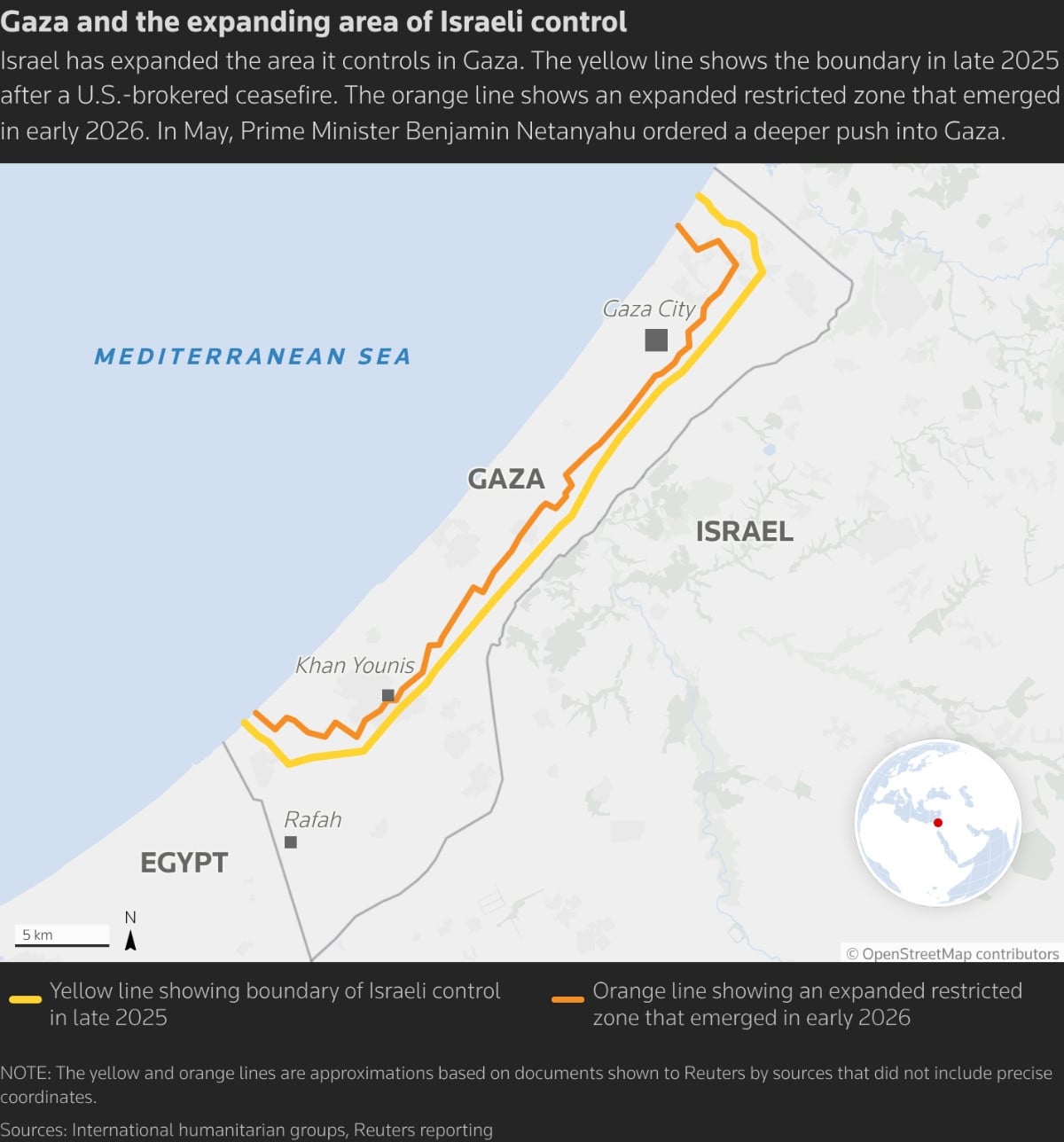 Map of Gaza showing the yellow line boundary of Israeli control in late 2025 and an orange line showing an expanded restricted area that emerged in early 2026, indicating a deeper push into the enclave.