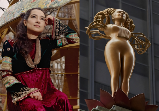 pakistani american artist installs lady justice sculpture outside us court