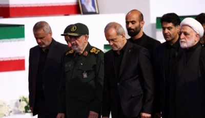 chief justice of iran gholamhossein mohseni ejei iranian president masoud pezeshkian and iranian military commander mohsen rezaee attend a farewell ceremony for iran s late supreme leader ayatollah ali khamenei for international delegates at the imam khomeini grand mosalla in tehran iran july 3 2026 photo reuters