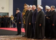 iranian president masoud pezeshkian foreign minister abbas araghchi chief justice gholam hossein mohseni ejei and parliament speaker mohammad bagher ghalibaf attend farewell ceremony for late supreme leader ayatollah ali khamenei in tehran iran july 3 2026 photo reuters