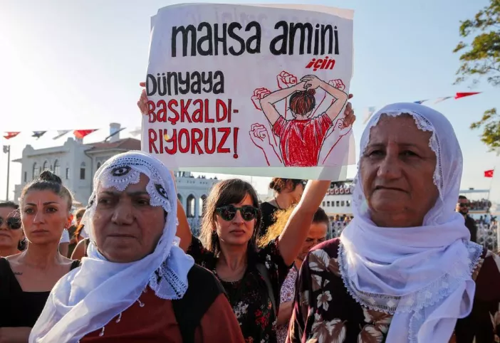 women take part in a rally on the first anniversary of the death of mahsa amini which prompted protests across the country in istanbul turkey september 16 2023 banner reads we revolt against world for mahsa amini reuters dilara senkaya file photo acquire licensing rights women take part in a rally on the first anniversary of the death of mahsa amini which prompted protests across the country in istanbul turkey september 16 2023 banner reads we revolt against world for mahsa amini reuters dilara senkaya file photo acquire licensing rights