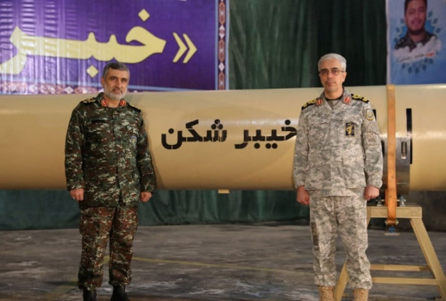 iranian armed forces chief of staff major general mohammad bagheri and irgc aerospace force commander amir ali hajizadeh stand together during the unveiling of kheibarshekan missile at an undisclosed location in iran in this picture obtained on february 9 2022 irgc wana west asia news agency handout via reuters iranian armed forces chief of staff major general mohammad bagheri and irgc aerospace force commander amir ali hajizadeh stand together during the unveiling of kheibarshekan missile at an undisclosed location in iran in this picture obtained on february 9 2022 irgc wana west asia news agency handout via reuters
