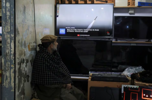 a man watches a news channel on television inside a shop after the pakistani foreign ministry said the country conducted strikes inside iran targeting separatist militants two days after tehran said it attacked israel linked militant bases inside pakistani territory in peshawar pakistan january 18 2024 reuters fayaz aziz a man watches a news channel on television inside a shop after the pakistani foreign ministry said the country conducted strikes inside iran targeting separatist militants two days after tehran said it attacked israel linked militant bases inside pakistani territory in peshawar pakistan january 18 2024 reuters fayaz aziz