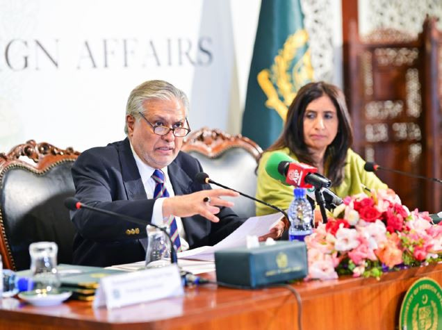 deputy prime minister and foreign minister ishaq dar addressing a press conference at ministry of foreign affairs in islamabad on may 7 2024 photo pid