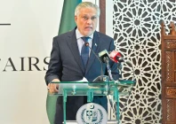 deputy prime minister and foreign minister ishaq dar briefs members of the diplomatic corps at the foreign office in islamabad on the first anniversary of marka e haq on tuesday photo x fo