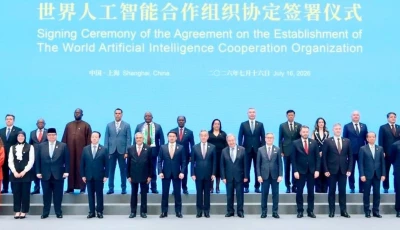representatives of the 31 founding member states pose for a group photograph after signing the agreement establishing the world artificial intelligence cooperation organisation waico in shanghai china photo fo