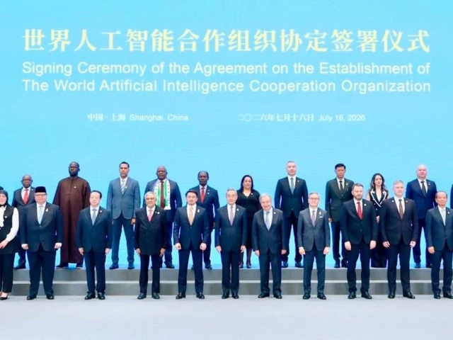 representatives of the 31 founding member states pose for a group photograph after signing the agreement establishing the world artificial intelligence cooperation organisation waico in shanghai china photo fo representatives of the 31 founding member states pose for a group photograph after signing the agreement establishing the world artificial intelligence cooperation organisation waico in shanghai china photo fo