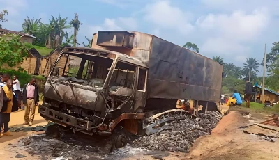 file a charred wreckage of a truck stands on a road after it was burnt following an attack by islamic state affiliated allied democratic forces adf rebels in the town of ntoyo in north kivu province s lubero territory eastern democratic republic of congo september 9 2025 photo reuters
