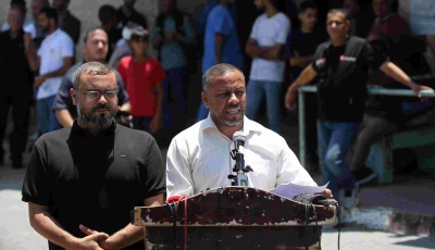 ismail al thawabta head of hamas government media office addresses a press conference at the al aqsa hospital in deir al balah central gaza strip on july 6 2026 photo afp