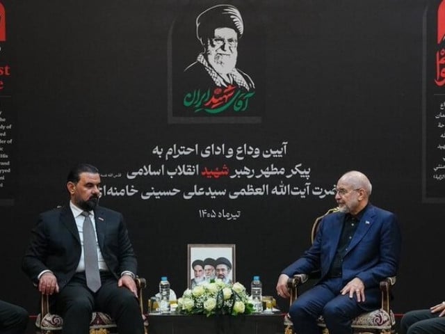 Iran's Parliament Speaker Mohammad Bagher Ghalibaf with the speaker of the Iraqi parliament on July 3, 2026. PHOTO: ISNA