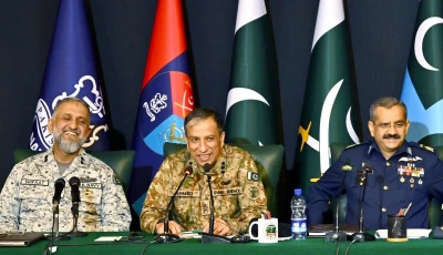 rear admiral shifaat ali khan l dg ispr lieutenant general ahmed sharif chaudhry c and air vice marshal tariq ghazi during a press conference on may 7 2026 screengrab