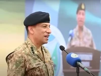 director general of the inter services public relations ispr lieutenant general ahmed sharif chaudhry addressing students at jinnah university for women in karachi on june 17 photo ispr video screen grab