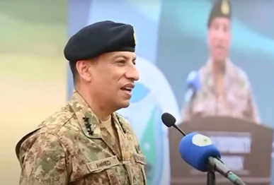 director general of the inter services public relations ispr lieutenant general ahmed sharif chaudhry addressing students at jinnah university for women in karachi on june 17 photo ispr video screen grab
