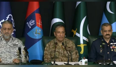 from left rear admiral shifaat ali khan dg ispr lieutenant general ahmed sharif chaudhry and air vice marshal tariq ghazi during a press conference in islamabad on may 7 2026 screengrab