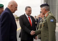 israel defence minister israel katz shakes hands with general director of the general directorate for defence investments and armaments gddia of greece major general ioannis bouras next to greece s minister for national defence nikolaos dendias during a visit in greece on january 2026 in this handout image obtained by reuters on august 31 2026 photo imod