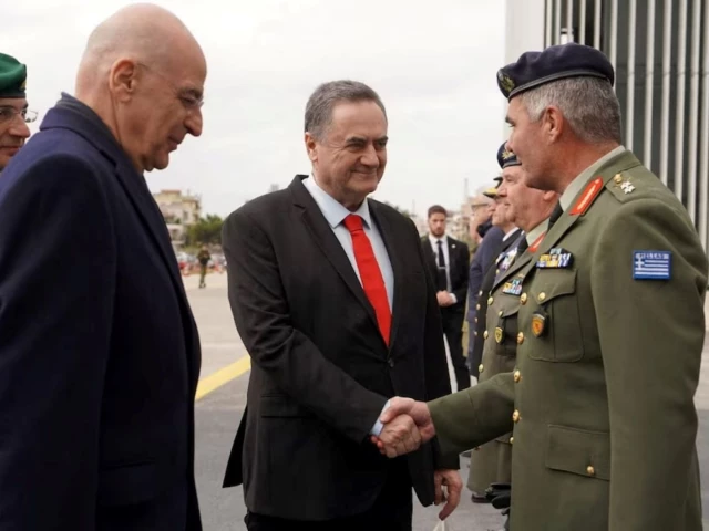 israel defence minister israel katz shakes hands with general director of the general directorate for defence investments and armaments gddia of greece major general ioannis bouras next to greece s minister for national defence nikolaos dendias during a visit in greece on january 2026 in this handout image obtained by reuters on august 31 2026 photo imod israel defence minister israel katz shakes hands with general director of the general directorate for defence investments and armaments gddia of greece major general ioannis bouras next to greece s minister for national defence nikolaos dendias during a visit in greece on january 2026 in this handout image obtained by reuters on august 31 2026 photo imod