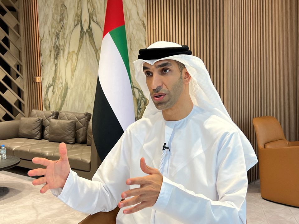 united arab emirates minister of state for foreign trade thani al zeyoudi gestures during an interview with reuters in dubai united arab emirates june 30 2022 photo reuters