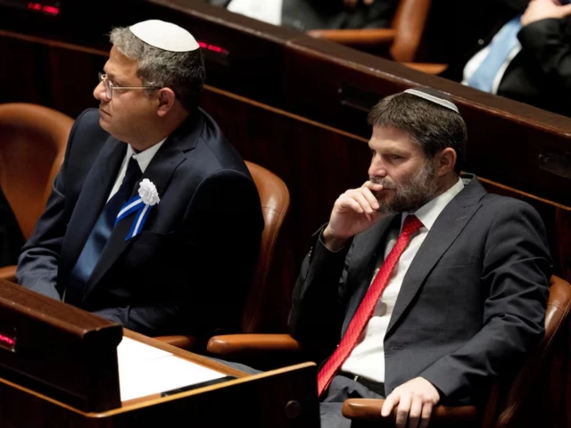 far right israeli lawmakers itamar ben gvir left and bezalel smotrich right attend the swearing in ceremony for the new israeli parliament at the knesset or parliament in jerusalem november 15 2022 photo reuters far right israeli lawmakers itamar ben gvir left and bezalel smotrich right attend the swearing in ceremony for the new israeli parliament at the knesset or parliament in jerusalem november 15 2022 photo reuters
