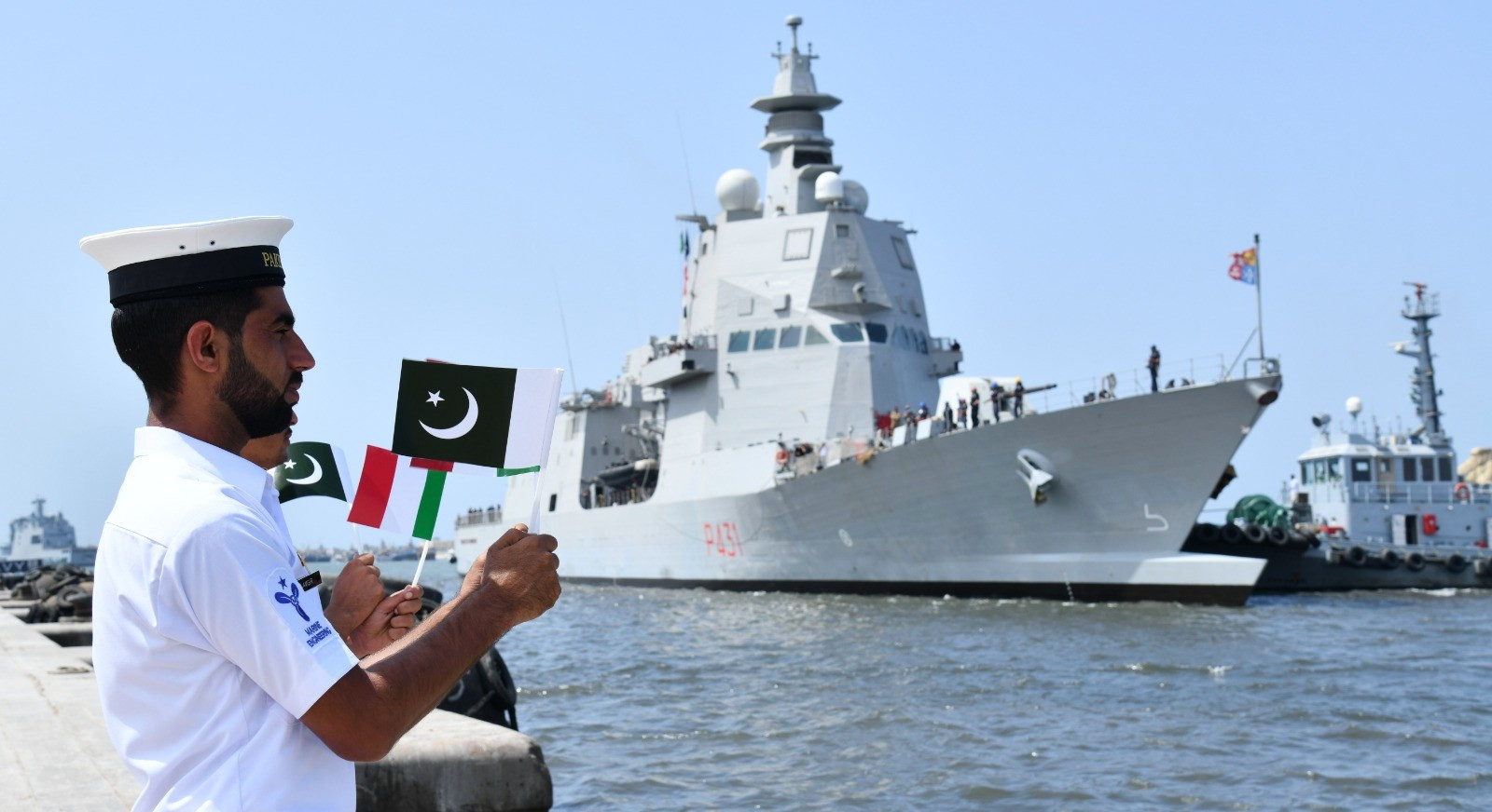 upon arrival at the karachi port the italian navy ship was warmly welcomed by senior officials of the pakistan navy and the ambassador of italy photo pakistan navy