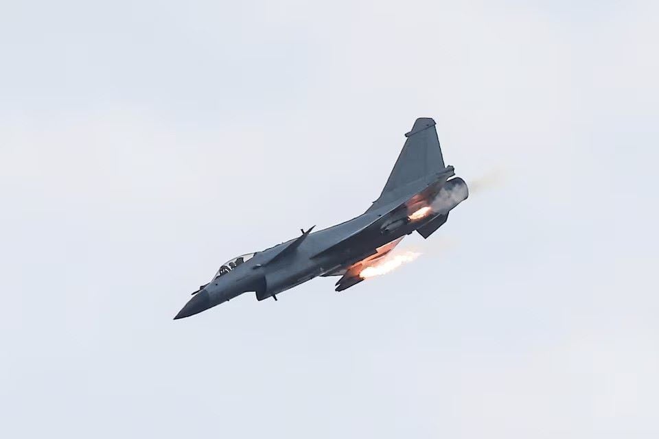 A Chinese Chengdu J-10 fighter aircraft performs a flight during the Aviadarts competition, as part of the International Army Games 2021, at the Dubrovichi range outside Ryazan, Russia, August 27, 2021.PHOTO: REUTERS
