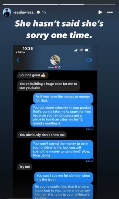 Shortly after the TikTok, Lawless also posted a screenshot of texts allegedly between her and Jameson in which Jameson claimed Lawless was “building a huge case for me to sue you, babe.” (Image: New York Post via Instagram)