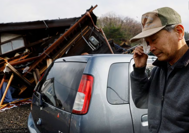 yutaka obayashi who lives in his car after the earthquake cries after greeting firefighters in gratitude in wajima ishikawa prefecture japan january 6 2024 reuters kim kyung hoon yutaka obayashi who lives in his car after the earthquake cries after greeting firefighters in gratitude in wajima ishikawa prefecture japan january 6 2024 reuters kim kyung hoon