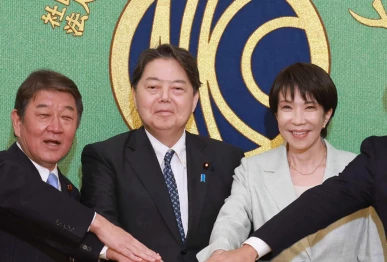 candidates for japan s liberal democratic party ldp leadership include l r takayuki kobayashi toshimitsu motegi yoshimasa hayashi sanae takaichi and shinjiro koizumi photo afp file