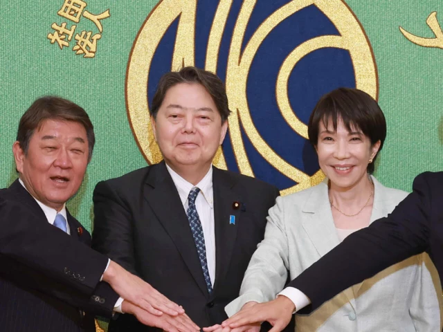 candidates for japan s liberal democratic party ldp leadership include l r takayuki kobayashi toshimitsu motegi yoshimasa hayashi sanae takaichi and shinjiro koizumi photo afp file