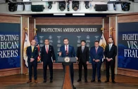us vice president jd vance makes an h 1b fraud announcement flanked by white house deputy chief of staff stephen miller attorney general todd blanche labor secretary keith e sonderling chairman of the federal trade commission ftc andrew ferguson and inspector general for the department of labor anthony p d esposito during a press conference on anti fraud initiatives in the eisenhower executive office building on the white house campus in washington dc us october 8 2026 reuters