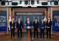 us vice president jd vance makes an h 1b fraud announcement flanked by white house deputy chief of staff stephen miller attorney general todd blanche labor secretary keith e sonderling chairman of the federal trade commission ftc andrew ferguson and inspector general for the department of labor anthony p d esposito during a press conference on anti fraud initiatives in the eisenhower executive office building on the white house campus in washington dc us october 8 2026 reuters
