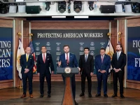 us vice president jd vance makes an h 1b fraud announcement flanked by white house deputy chief of staff stephen miller attorney general todd blanche labor secretary keith e sonderling chairman of the federal trade commission ftc andrew ferguson and inspector general for the department of labor anthony p d esposito during a press conference on anti fraud initiatives in the eisenhower executive office building on the white house campus in washington dc us october 8 2026 reuters