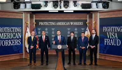 us vice president jd vance makes an h 1b fraud announcement flanked by white house deputy chief of staff stephen miller attorney general todd blanche labor secretary keith e sonderling chairman of the federal trade commission ftc andrew ferguson and inspector general for the department of labor anthony p d esposito during a press conference on anti fraud initiatives in the eisenhower executive office building on the white house campus in washington dc us october 8 2026 reuters