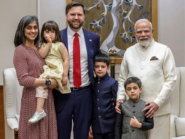 india s prime minister narendra modi r poses for a photograph with us vice president jd vance 3l and his wife usha vance l along with their children after their meeting in new delhi on april 21 2025 photo afp