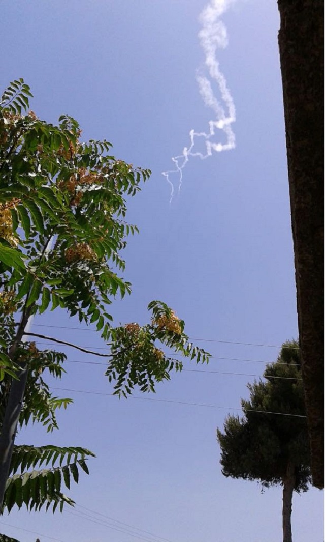 Smoke trails from two Patriot missiles can be seen near the Israeli city of Safed in northern Israel July 24, 2018. REUTERS