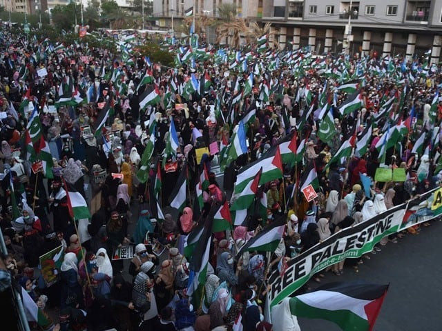 participants holding placards bearing support messages for innocent civilians of gaza in ji palestine march file photo express