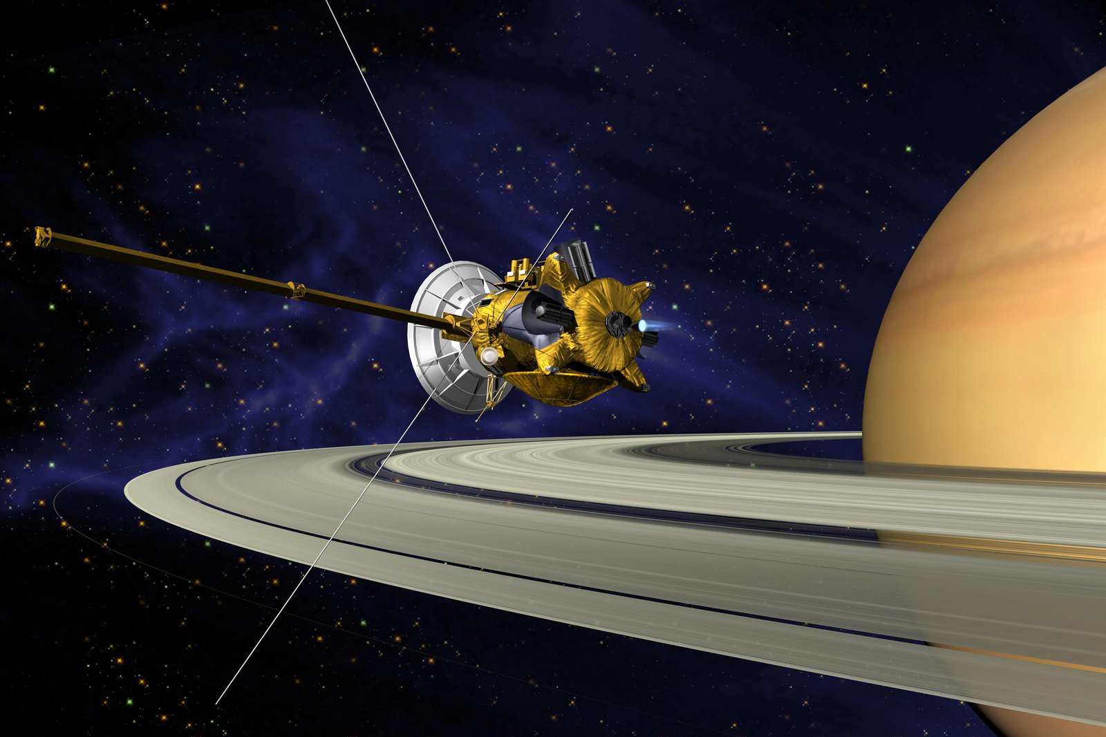 This is an artist’s concept of NASA's Cassini spacecraft during the Saturn Orbit Insertion (SOI) manoeuvre, just after the main engine has begun firing. PHOTO: COURTESY/NASA