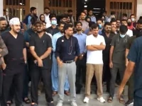 young doctors at the jinnah postgraduate medical centre jpmc staging a protest on monday october 8 2026 over the non payment of their salaries for the past three months photo express