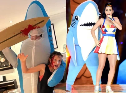 justin trudeau dresses as katy perry s left shark for halloween with son hadrien justin trudeau dresses as katy perry s left shark for halloween with son hadrien