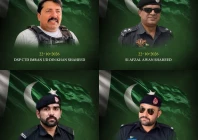a combination of photographs of ctd dsp imranuddin khan sho afzal awan and police personnel amjad ali and kazim who were martyred during an exchange of fire with armed men in karak on thursday photo k p police
