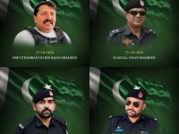 a combination of photographs of ctd dsp imranuddin khan sho afzal awan and police personnel amjad ali and kazim who were martyred during an exchange of fire with armed men in karak on thursday photo k p police