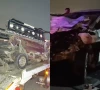 a combination of pictures shows the overturned pickup and the damaged suv after a road accident on karachi s shahrah i bhutto that killed a woman and injured 11 others on wednesday photos express