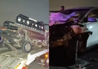 a combination of pictures shows the overturned pickup and the damaged suv after a road accident on karachi s shahrah i bhutto that killed a woman and injured 11 others on wednesday photos express