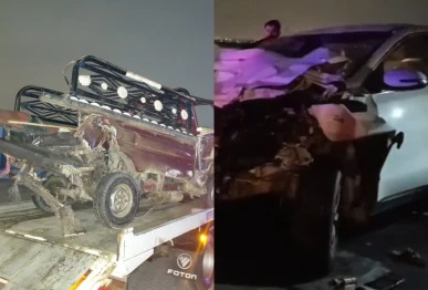 a combination of pictures shows the overturned pickup and the damaged suv after a road accident on karachi s shahrah i bhutto that killed a woman and injured 11 others on wednesday photos express